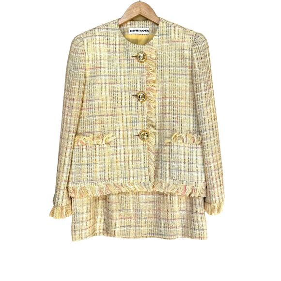 Vintage David Hayes Tweed Boucle Skirt Suit sz 8 Butter Yellow Event Wedding - Picture 4 of 10